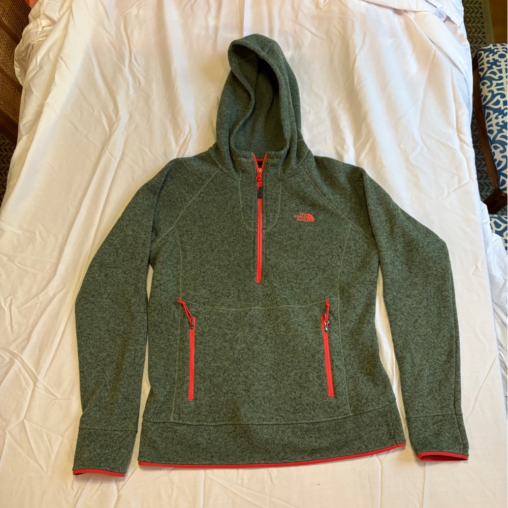The North Face Womens Pullover Hoodie Fleece Quarter Zip Green Coral M